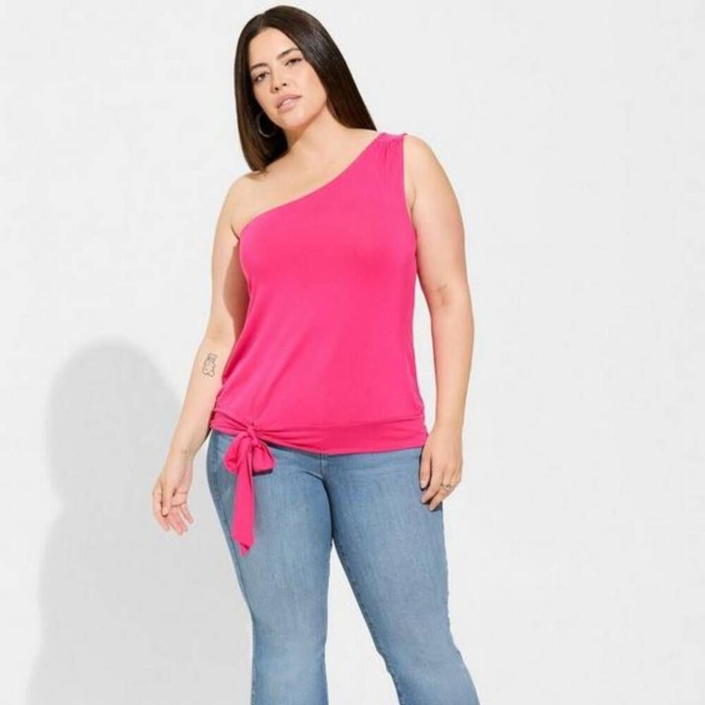 Torrid Women's Plus Size Super Soft One-Shoulder Tie-Front Crop Top, Pink